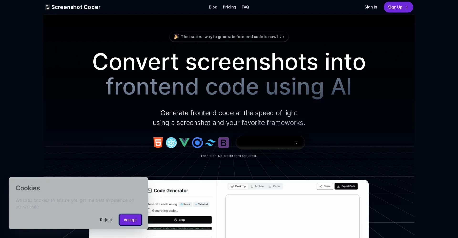 Screenshot Coder homepage screenshot — Convert screenshots into frontend code with AI