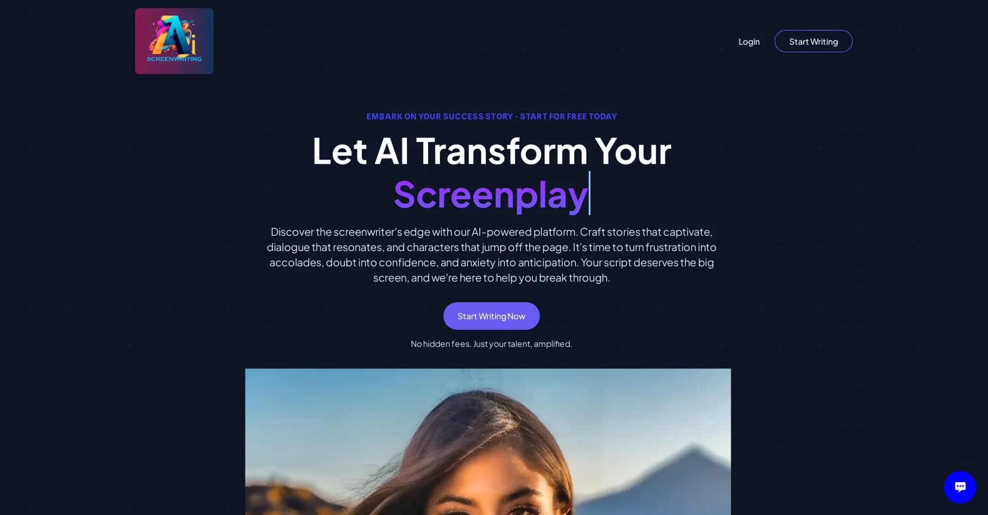 Screenwriting AI homepage screenshot — AI-powered script magic: From page to standing ovation.
