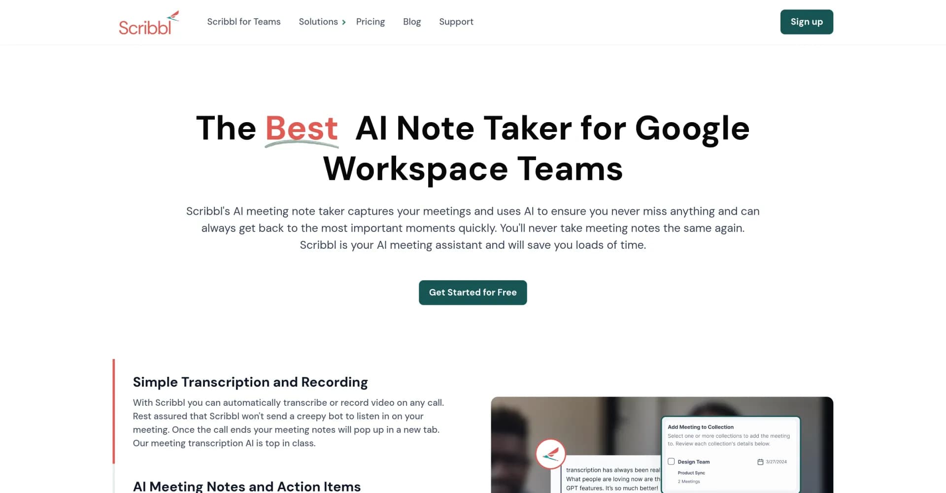 Scribbl homepage screenshot — AI note taker that captures Google Meet essentials.