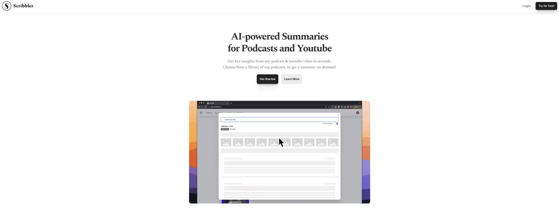 Scribbler homepage screenshot — Instant podcast insights delivered to Telegram.