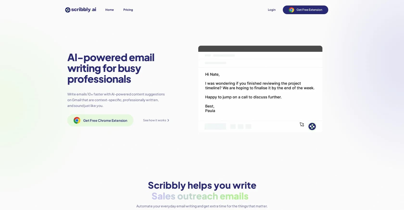 Scribbly homepage screenshot — AI-powered email writing assistant.