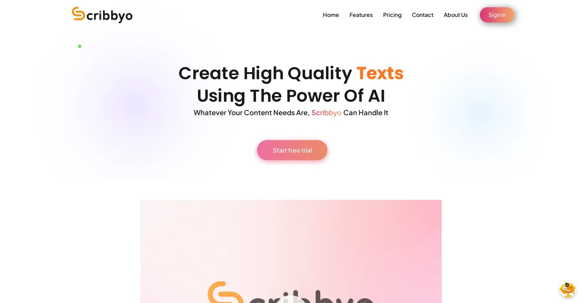 Scribbyo homepage screenshot — AI-powered content creation that stands out.