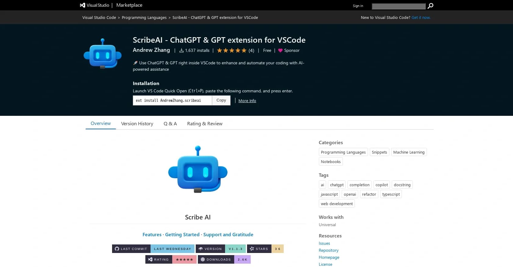 Scribe AI homepage screenshot — AI-powered coding assistance inside VSCode