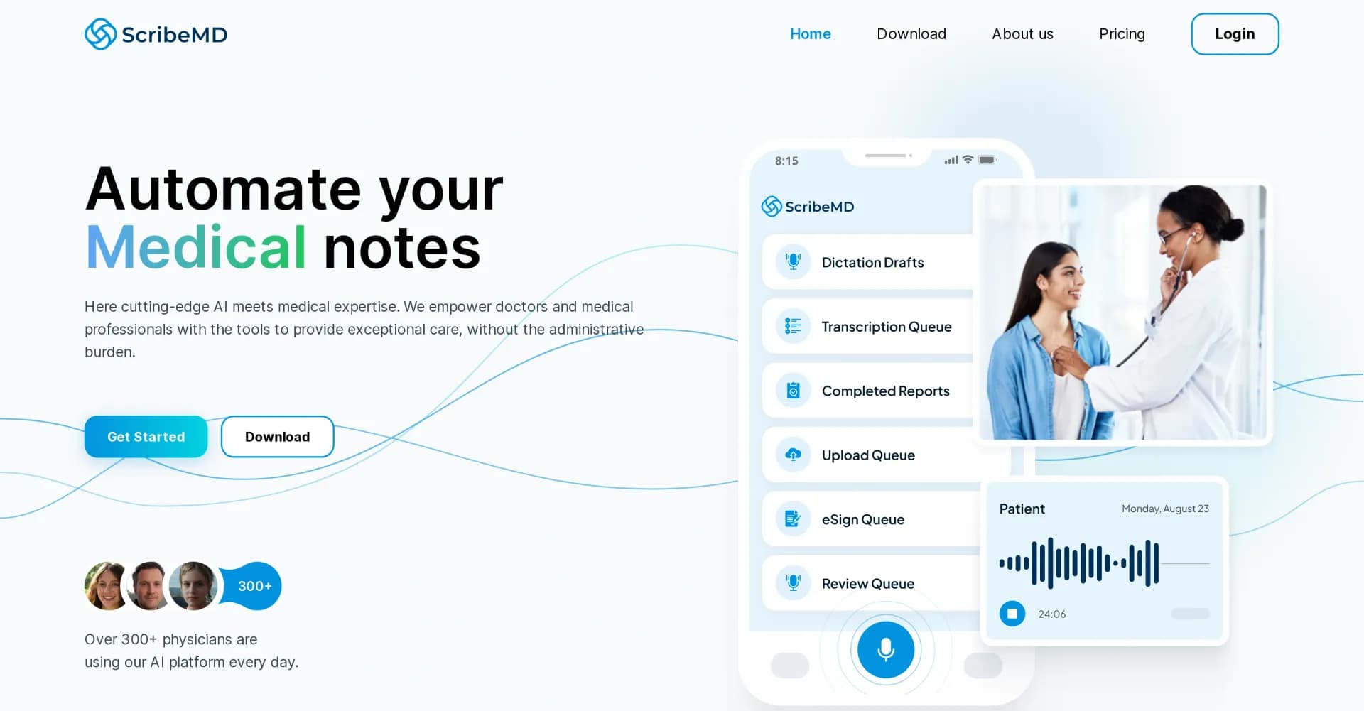 ScribeMD homepage screenshot — Automate medical notes with AI-powered expertise.