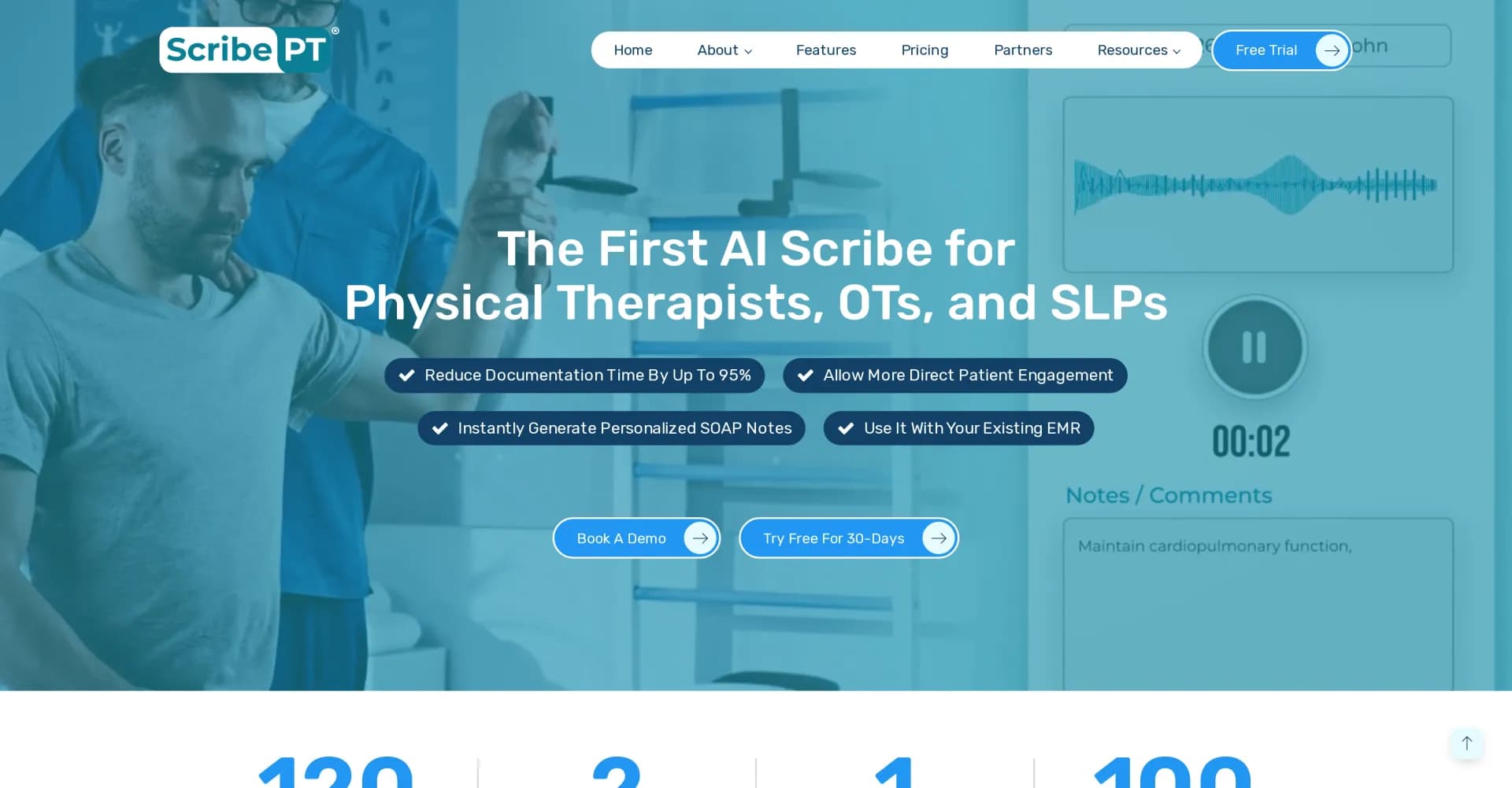 ScribePT homepage screenshot — AI-powered documentation for PT, OT, and SLP professionals