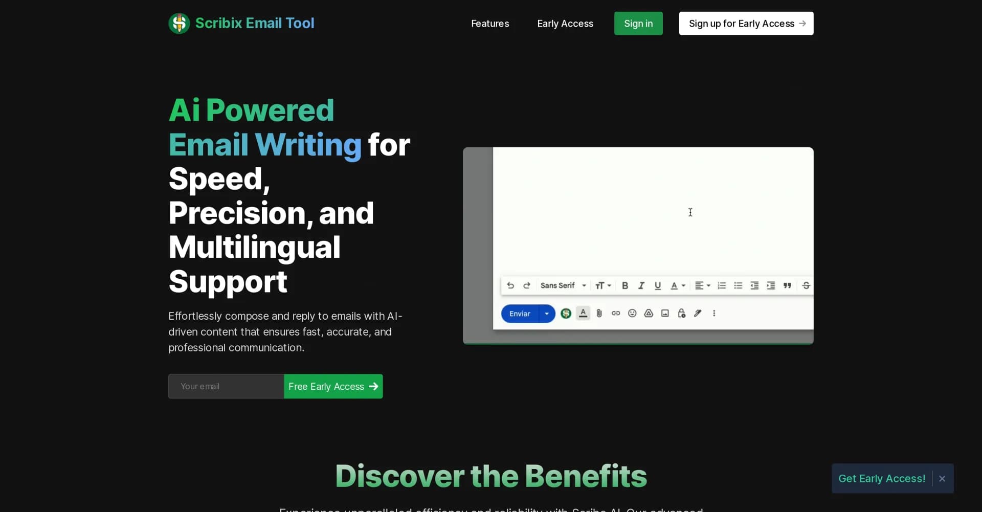 Scribix Ai homepage screenshot — AI-powered email writing for speed and precision.