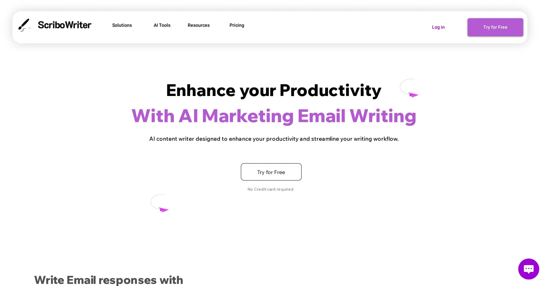 ScriboWriter homepage screenshot — AI-powered email writing and content generation for business