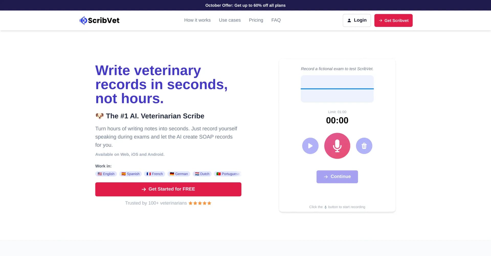 ScribVet homepage screenshot — AI scribe turns vet exams into instant records.