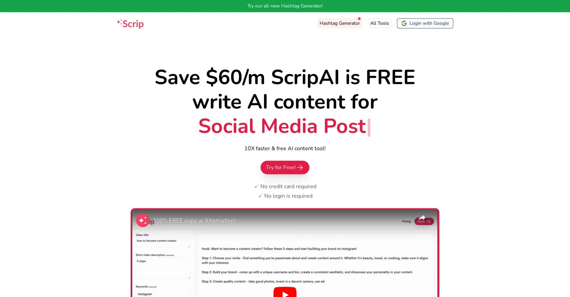 Scrip AI homepage screenshot — 10X faster & free AI content creation for 100+ use cases