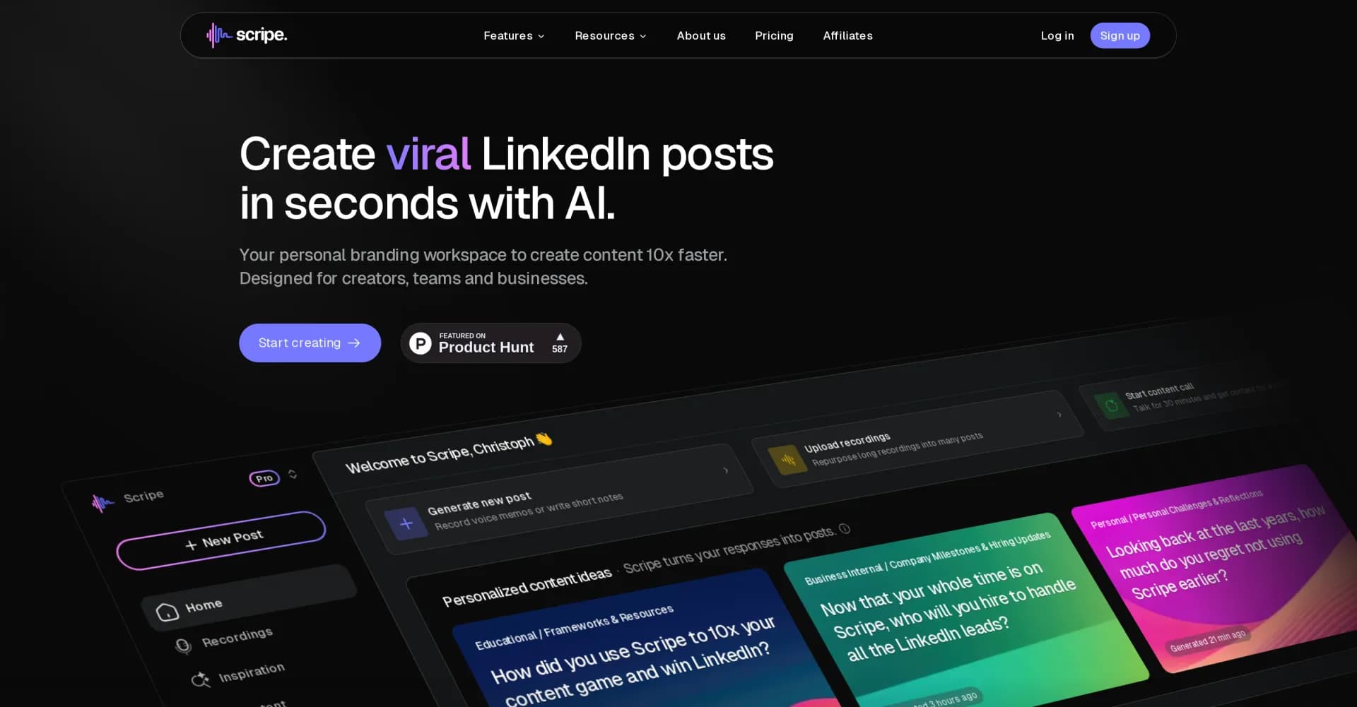 Scripe homepage screenshot — AI-powered LinkedIn branding in seconds.