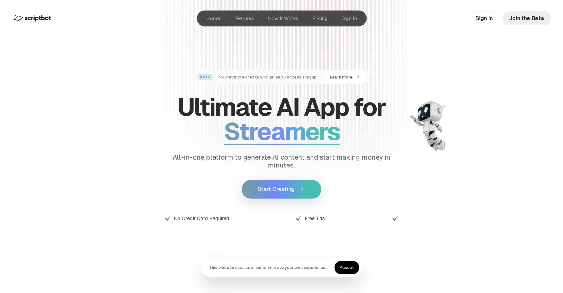 ScriptBot homepage screenshot — AI-powered content generation for creators.