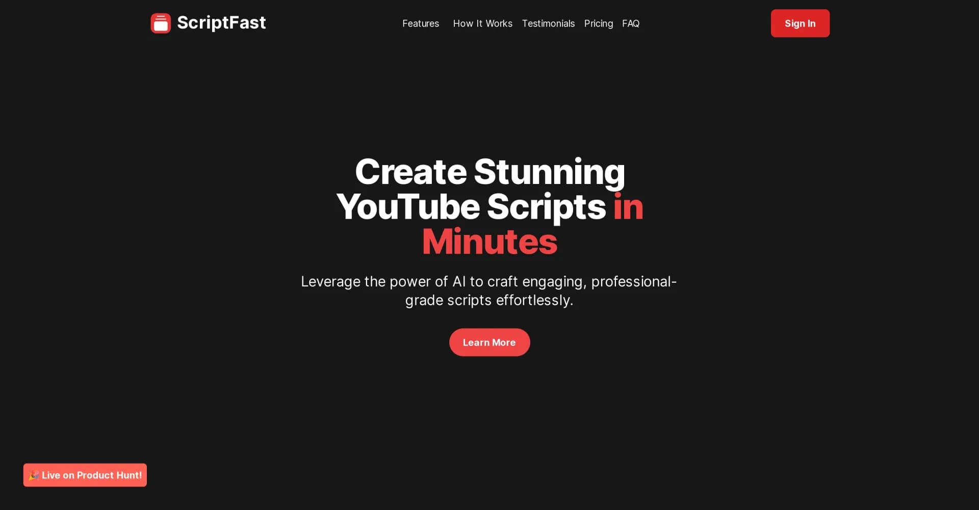 ScriptFast homepage screenshot — Craft engaging, professional scripts with AI power.