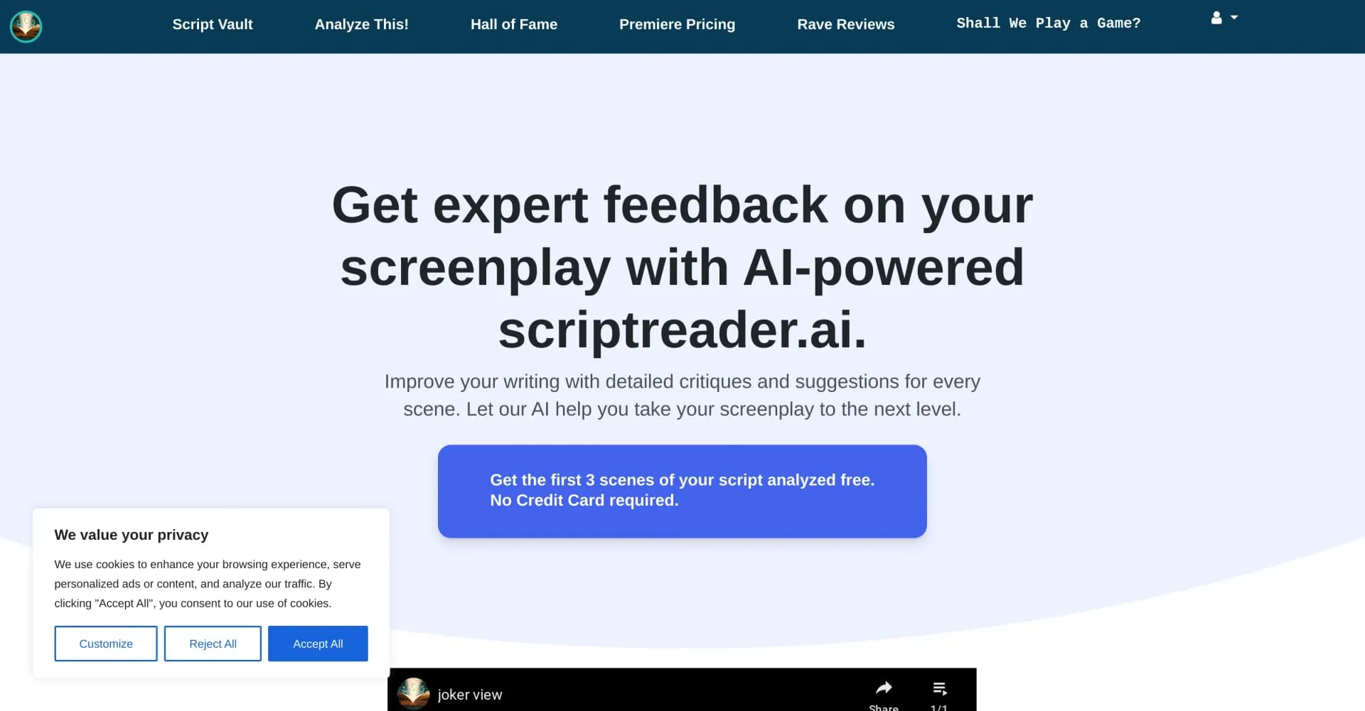 Scriptreader homepage screenshot — AI-powered screenplay analysis to elevate your script.