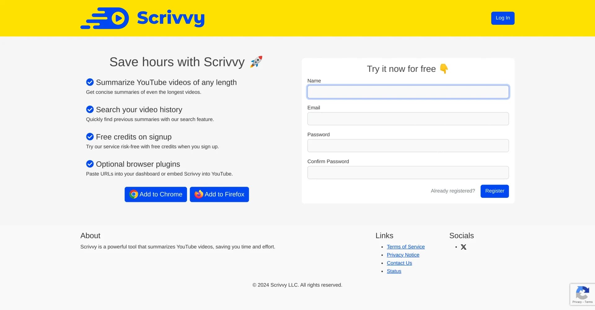 Scrivvy homepage screenshot — Summarize YouTube videos instantly