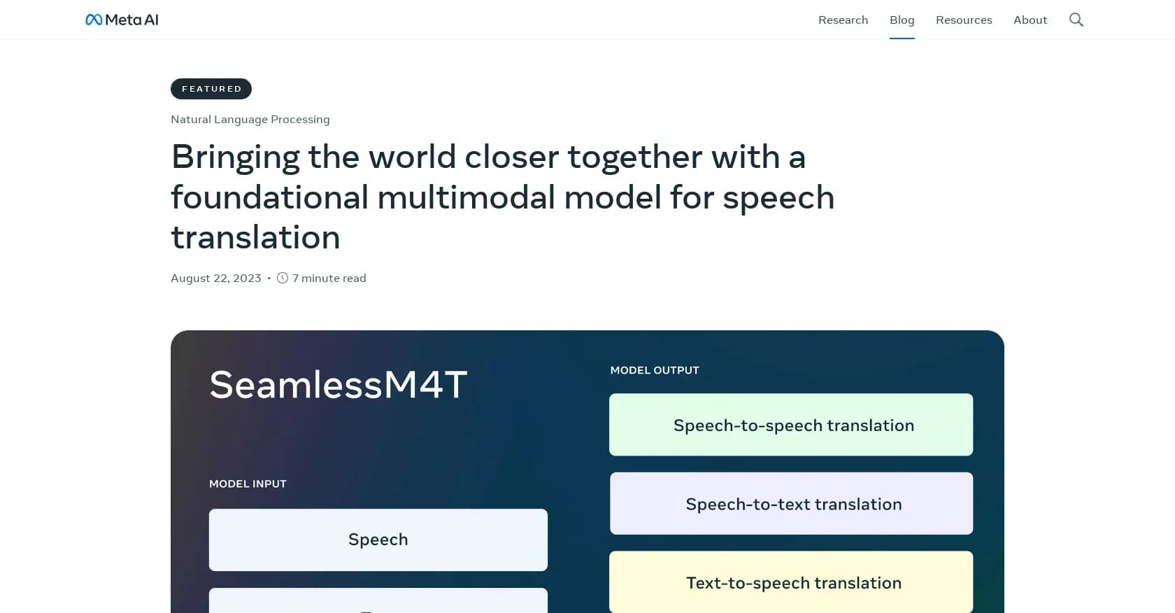 SeamlessM4T homepage screenshot — Effortless multilingual communication through AI-powered tra
