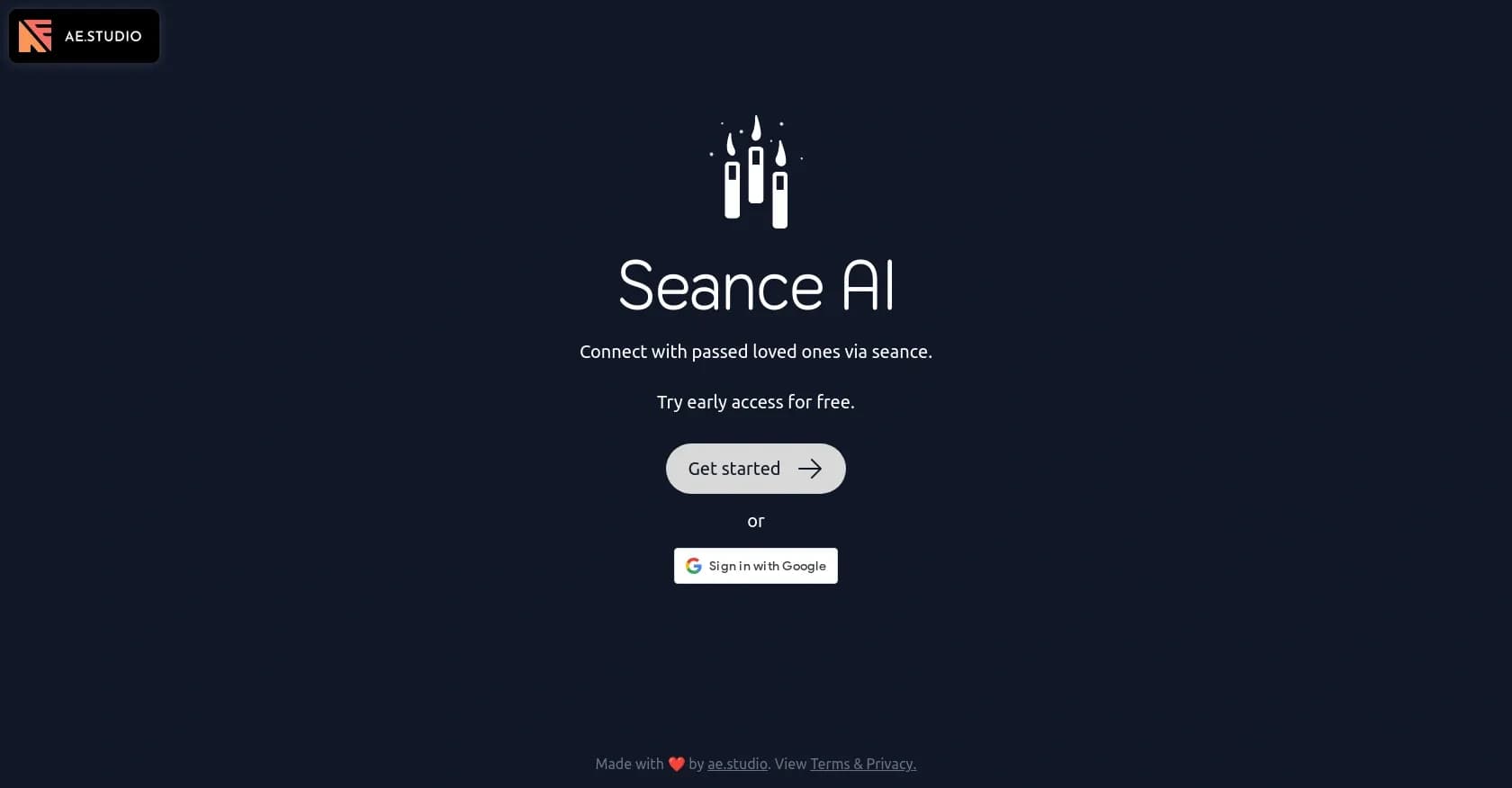 Seanceai homepage screenshot — Connect with departed loved ones through AI seances.