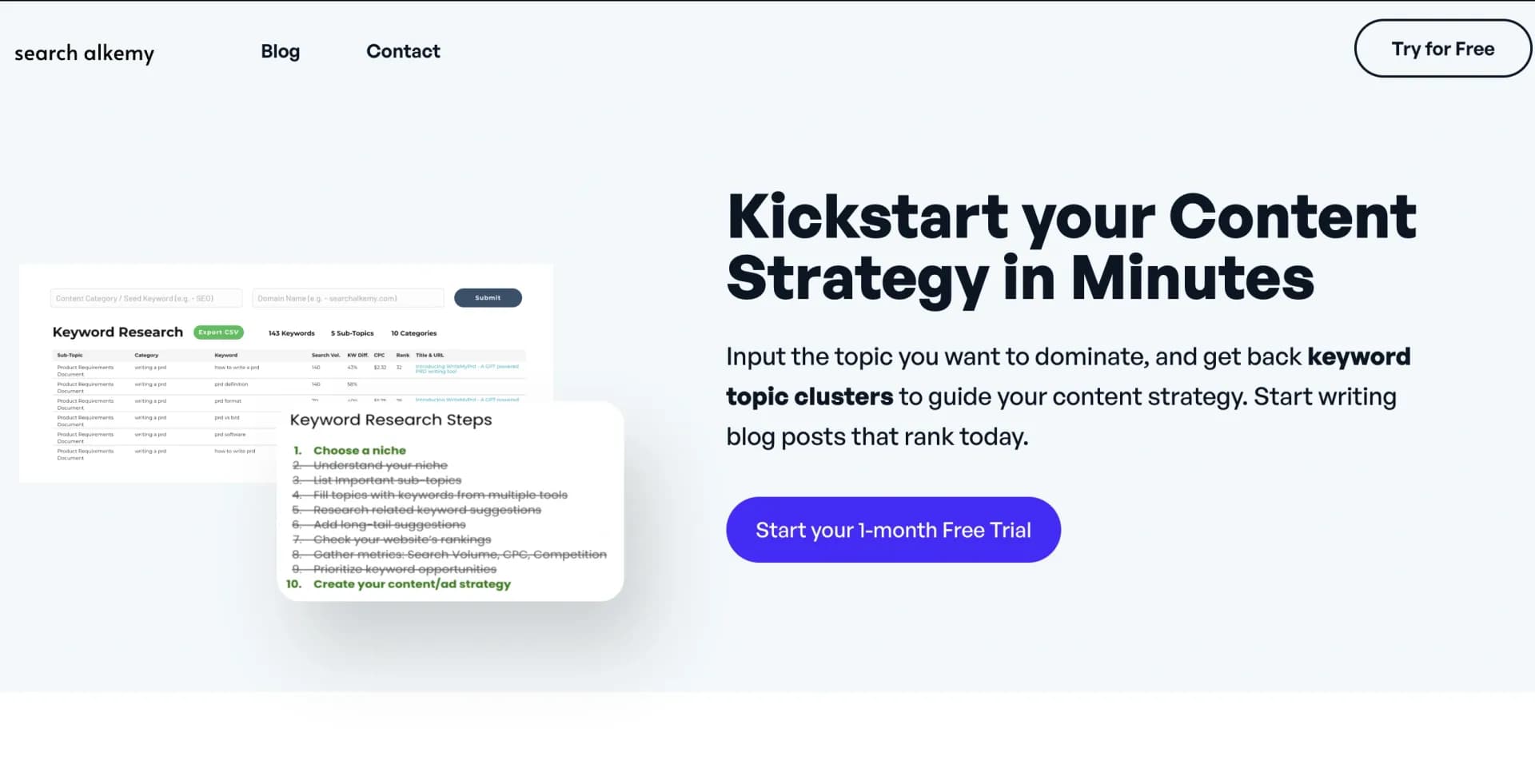 Search Alkemy homepage screenshot — Client-Ready Keyword Research in Minutes
