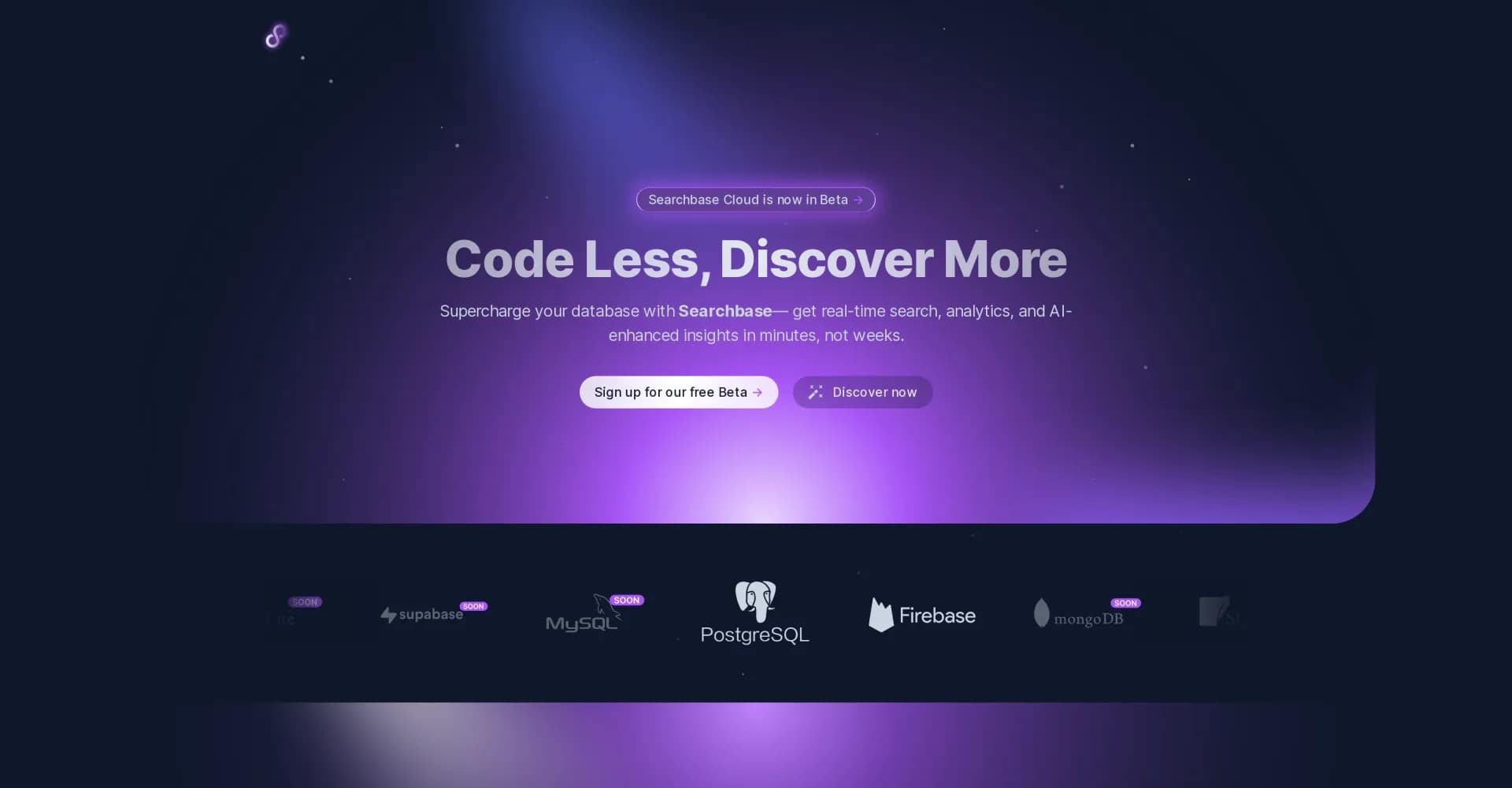 Searchbase homepage screenshot — Supercharge your database with AI-enhanced search and insigh