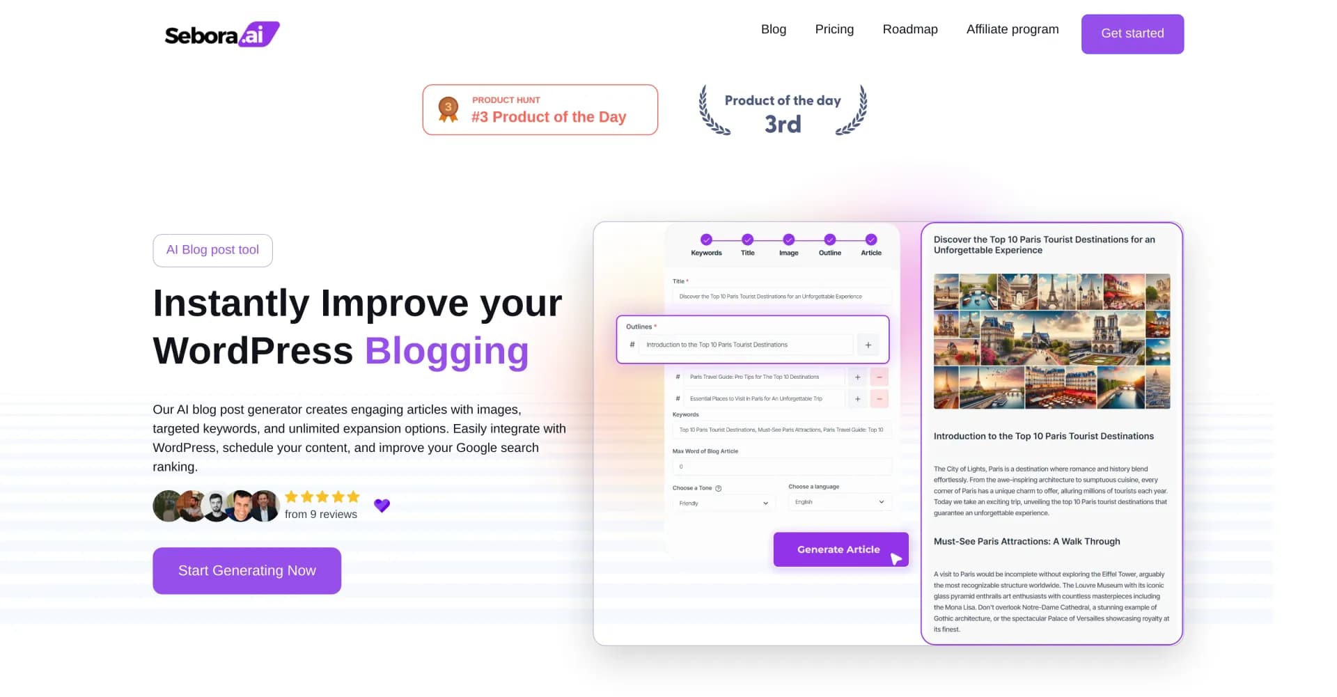 Sebora homepage screenshot — Automate your WordPress blog in minutes