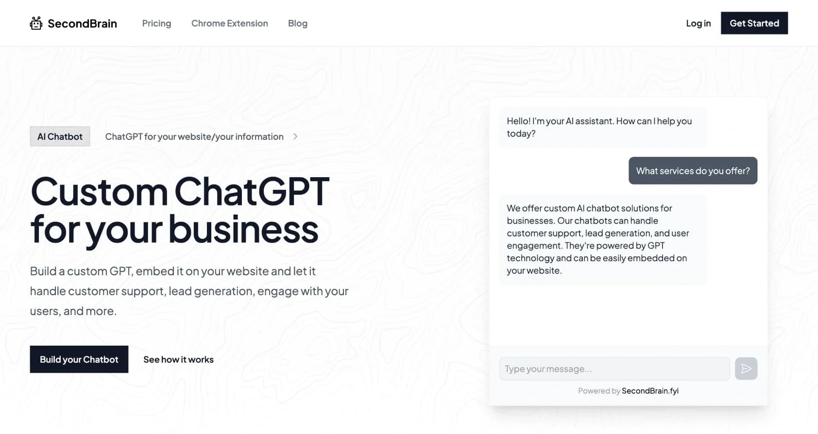 SecondBrain.fyi homepage screenshot — Let AI answer repetitive questions for you.