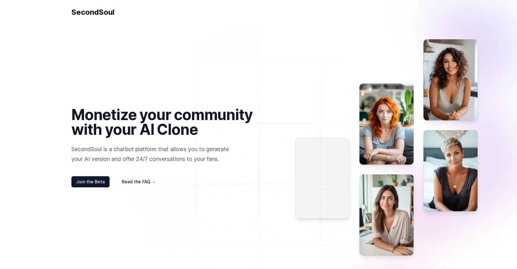SecondSoul homepage screenshot — Clone yourself as AI to chat with fans 24/7