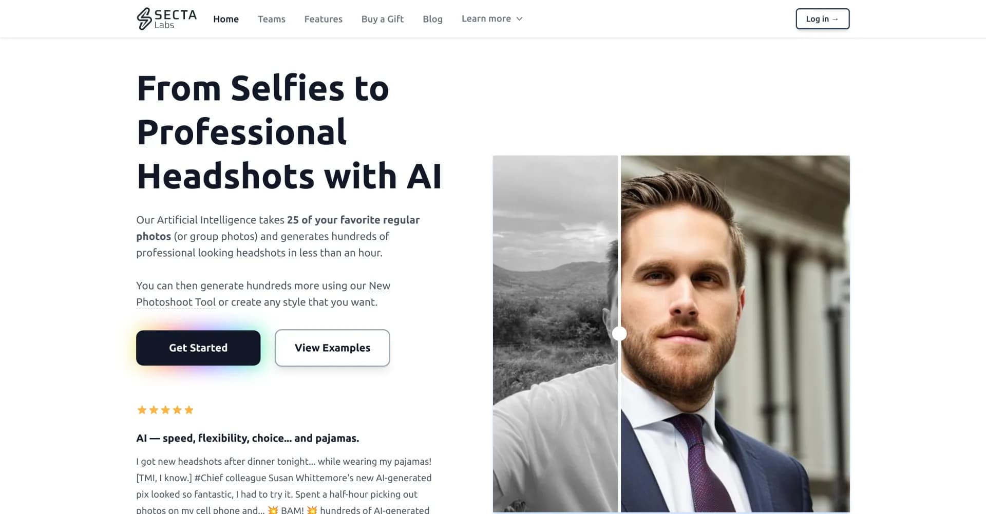 Secta AI homepage screenshot — Transform selfies into AI-powered professional headshots ins