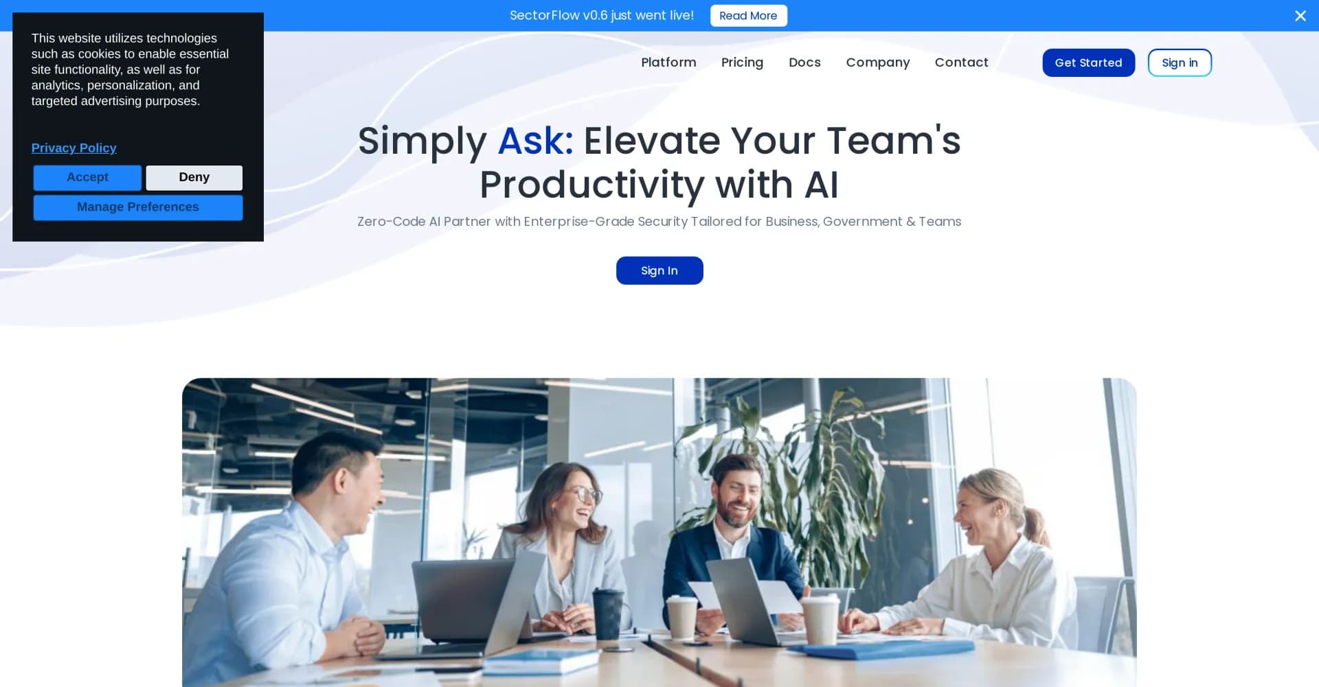 SectorFlow homepage screenshot — Elevate Your Team's Productivity with AI