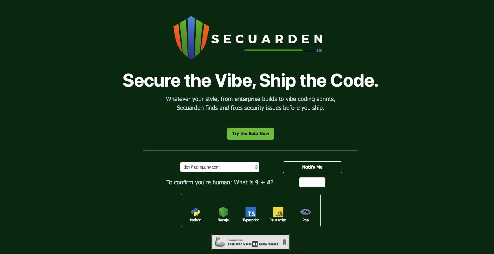 Secuarden homepage screenshot — LLM-Powered Security Scans for Vibe Code and Classic Code.