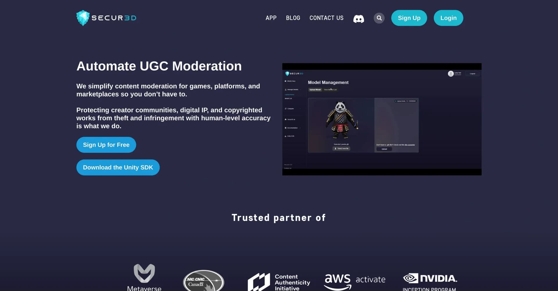 Secur3D homepage screenshot — AI-powered 3D content protection and authentication.