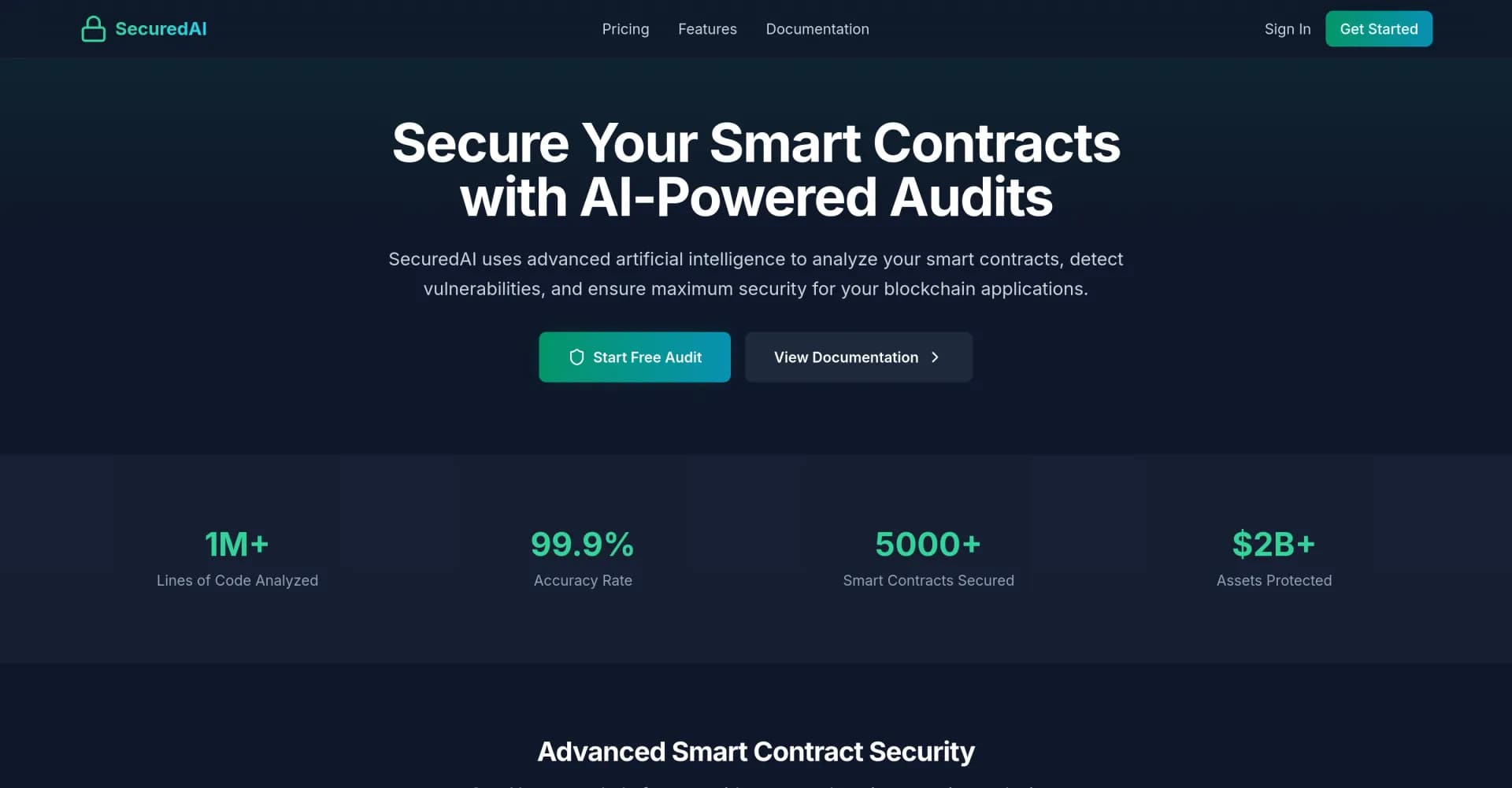 SecuredAI homepage screenshot — AI-powered security audits for smart contracts.