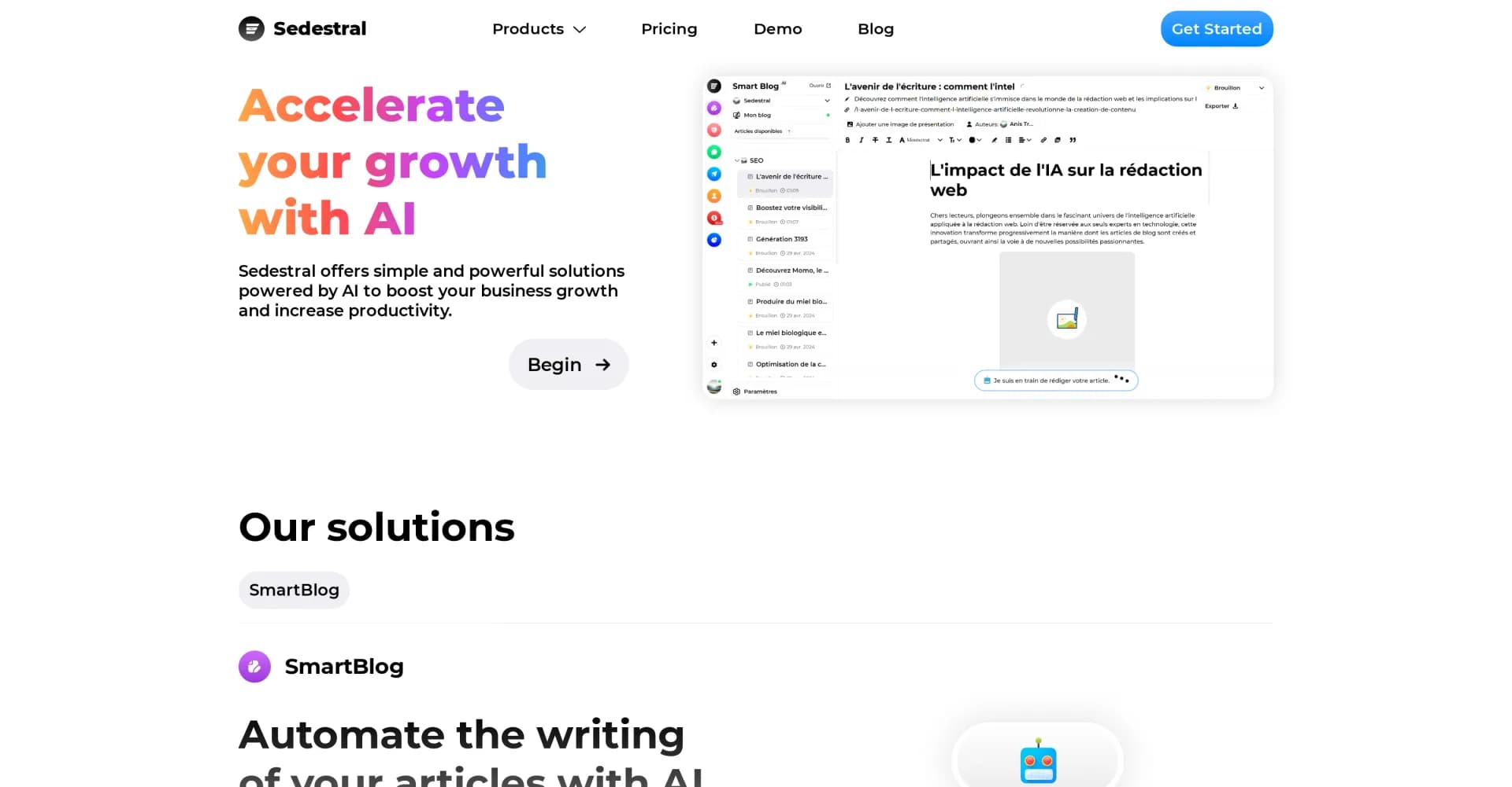 Sedestral homepage screenshot — Boost business growth with AI-powered solutions.