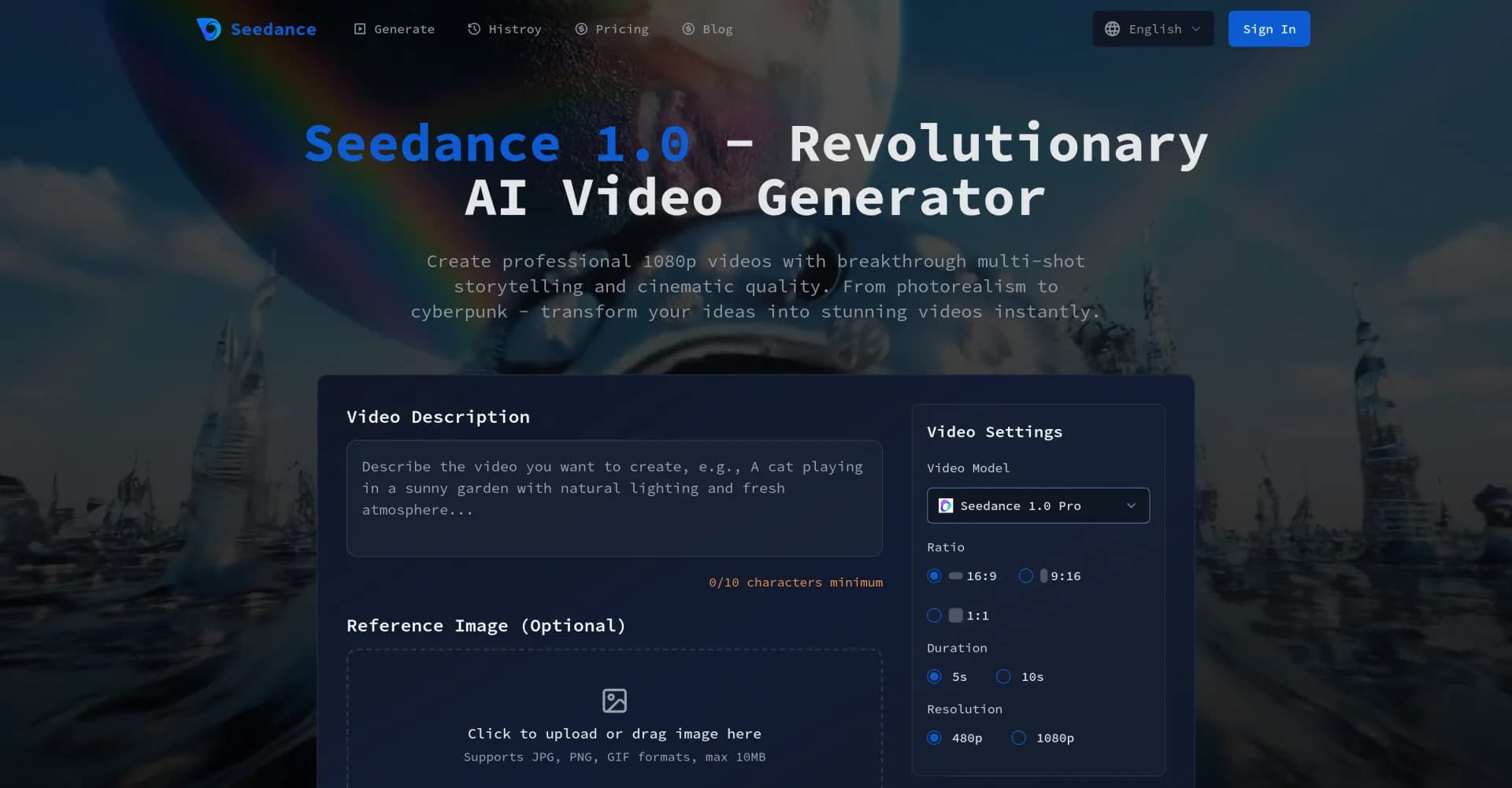 Seedance homepage screenshot — Transform ideas into stunning 1080p videos instantly.