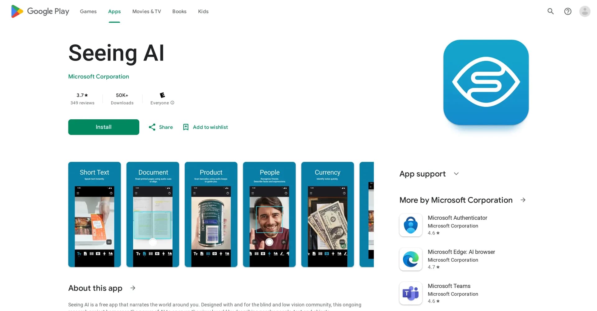 Seeing AI homepage screenshot — A talking camera for the blind