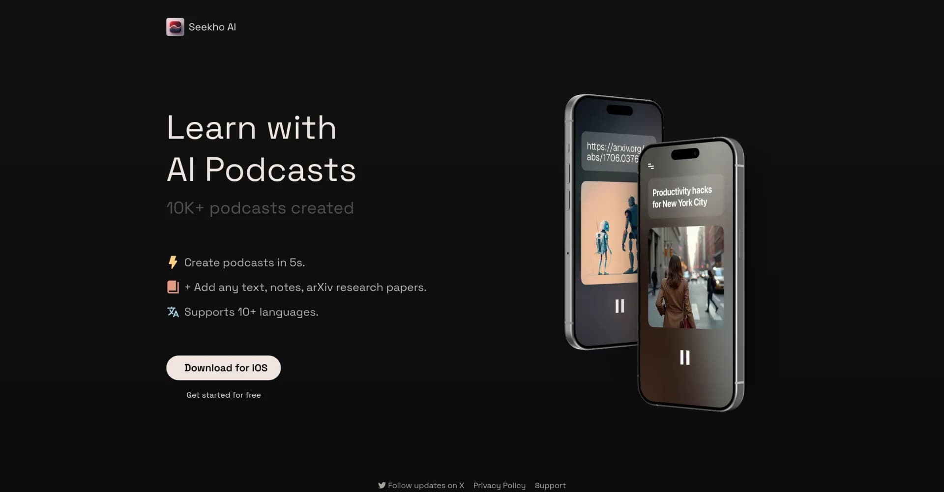 Seekho AI homepage screenshot — Turn any text into AI podcasts instantly.