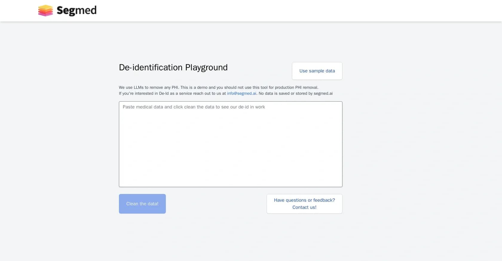Segmed homepage screenshot — Instantly de-identify medical data with AI