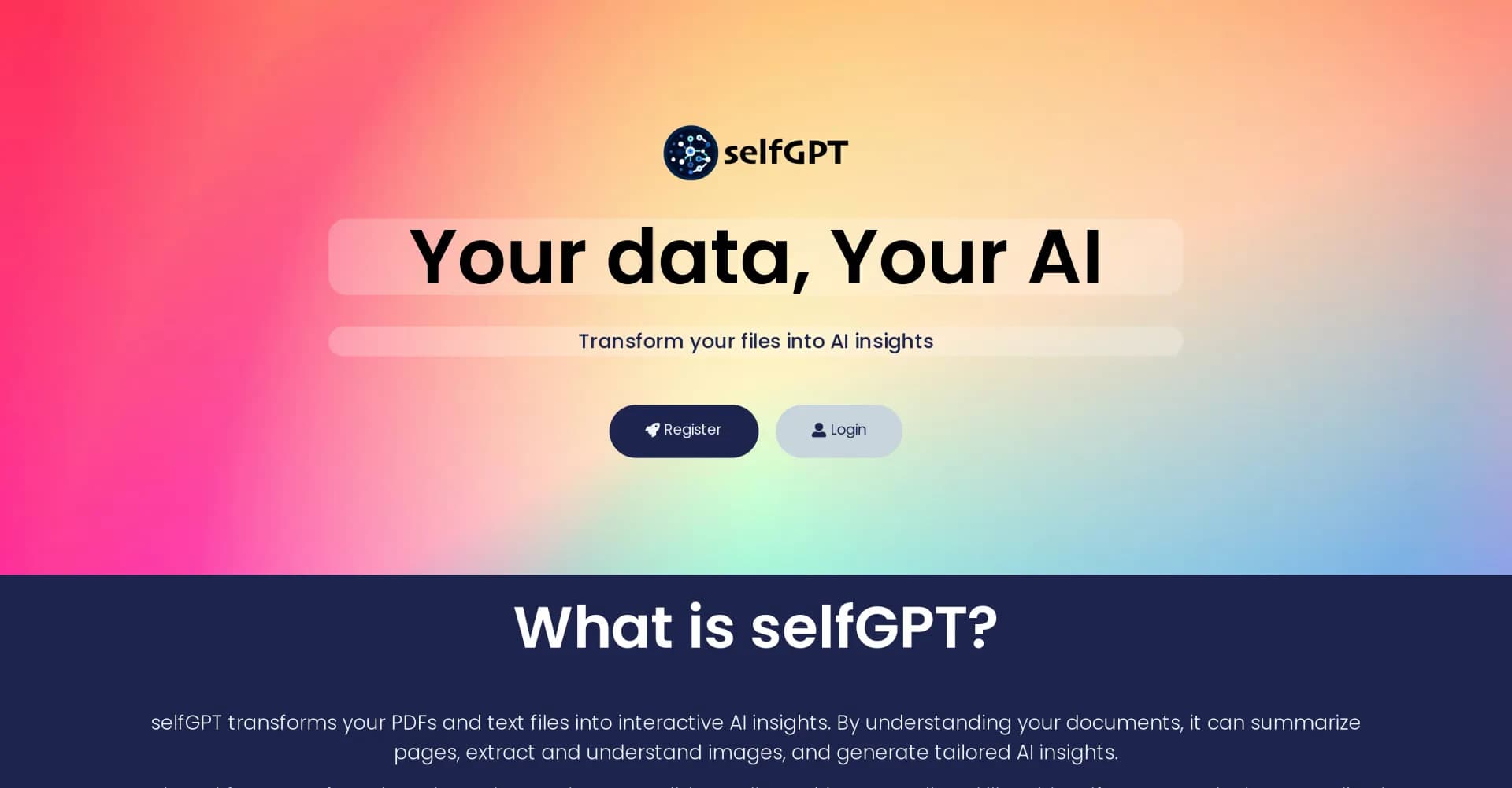 selfGPT homepage screenshot — Transform your files into AI-powered insights.