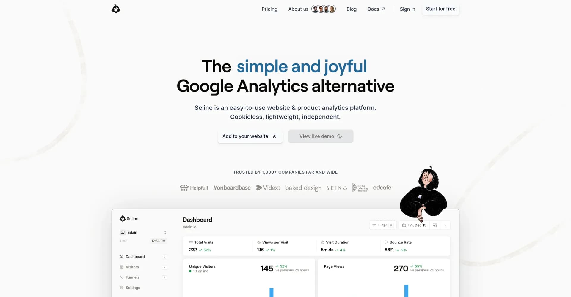 Seline Analytics homepage screenshot — Simple, joyful website analytics without cookies.