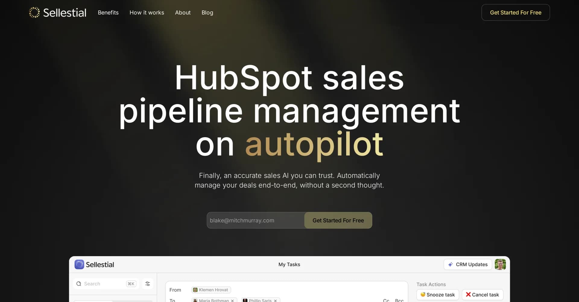 Sellestial homepage screenshot — Complete AI Takeover of HubSpot Admin Work