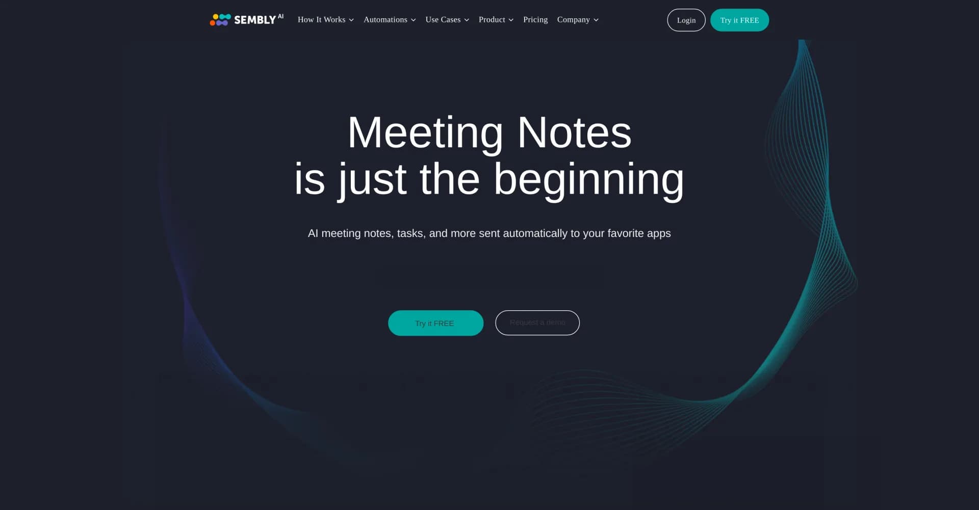 Sembly AI homepage screenshot — Sembly, your smart AI team assistant for meetings.