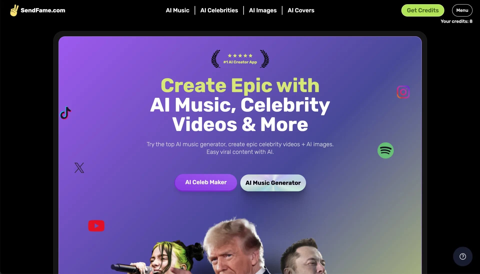 SendFame homepage screenshot — #1 AI Creator App - AI Music, Celebrity Videos, & AI Images