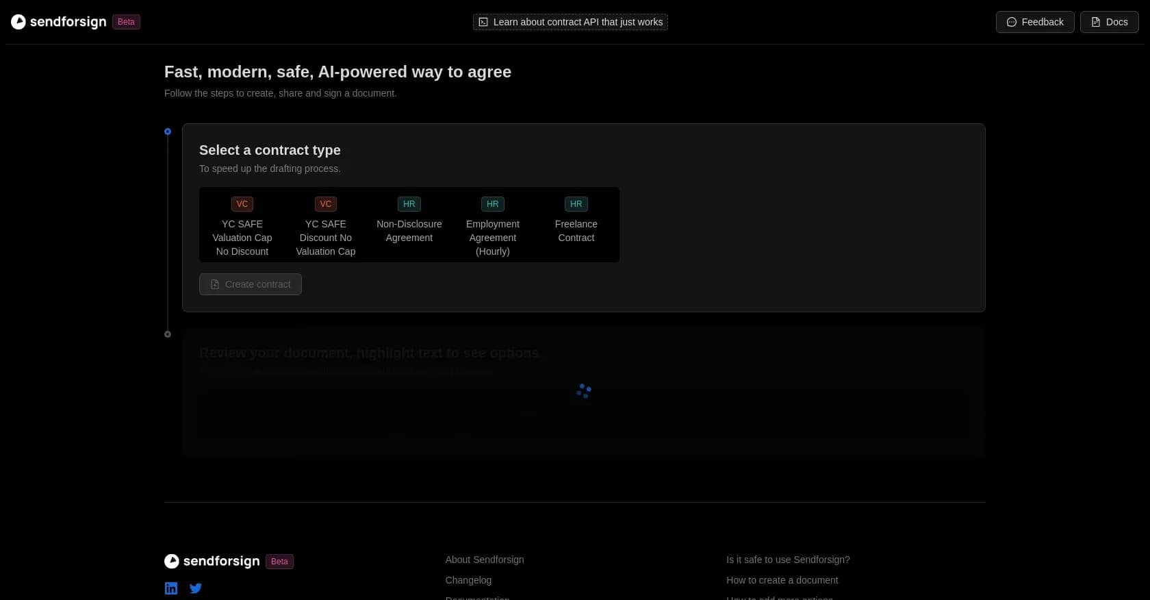 Sendforsign homepage screenshot — Fast, modern digital contracts powered by AI