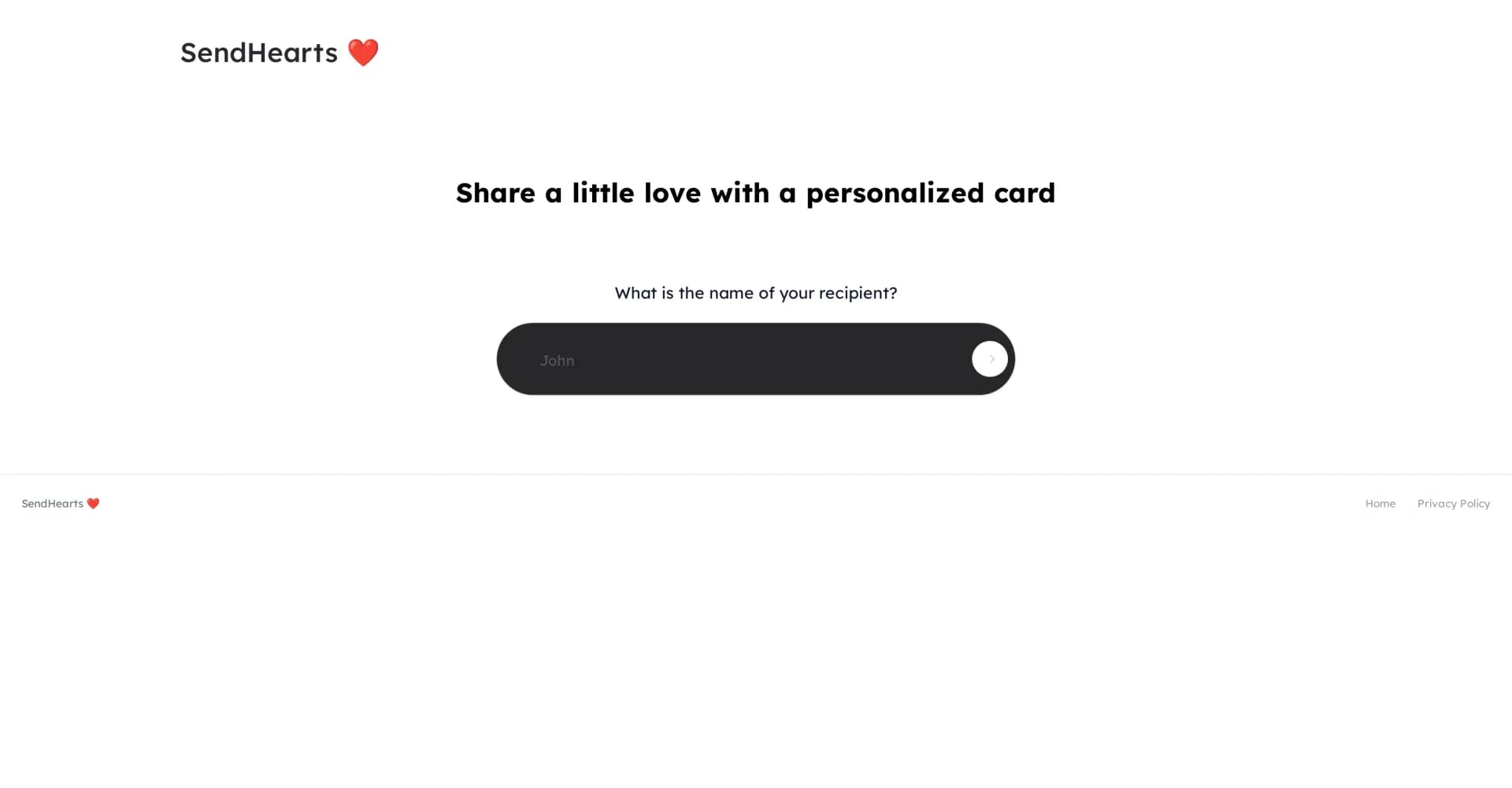 SendHeart homepage screenshot — Personalized cards for every occasion, instantly.
