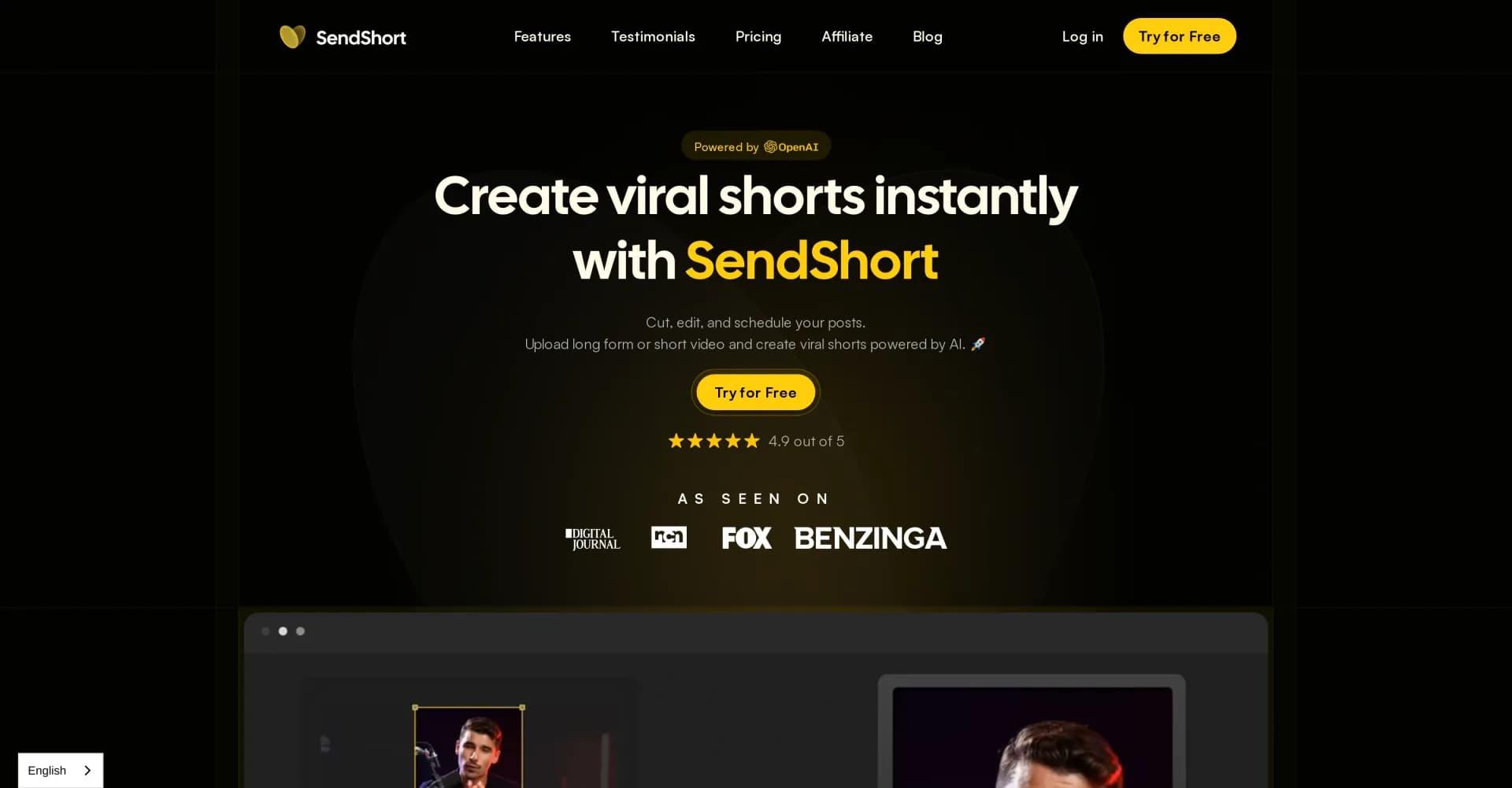 SendShort homepage screenshot — Create viral shorts instantly from long videos