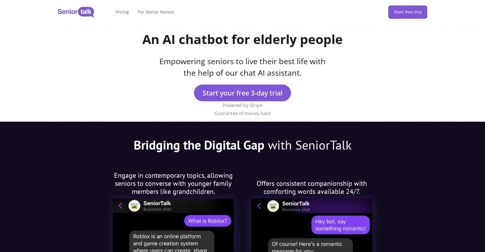 SeniorTalk homepage screenshot — AI chatbot companion for seniors available 24/7
