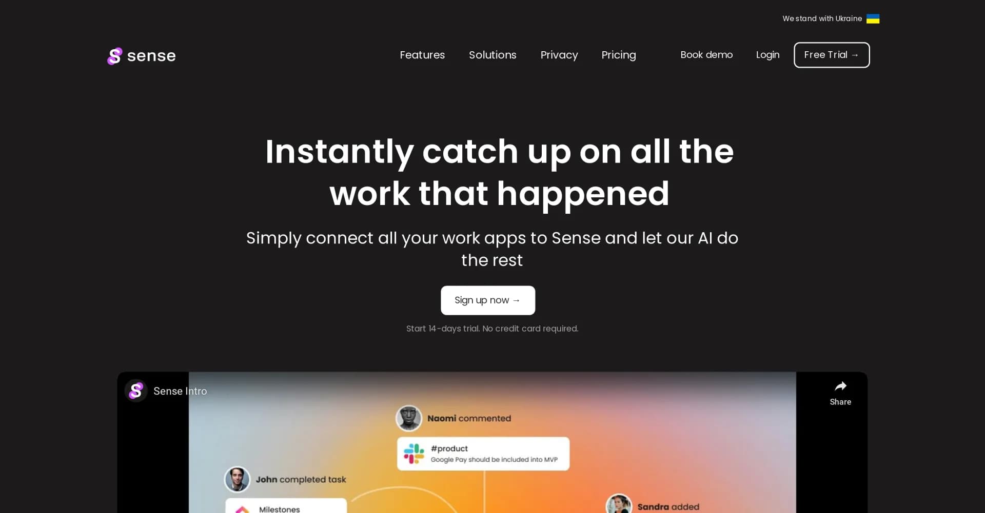 Sense 2.0 homepage screenshot — Convert work chaos into sensible order automatically.