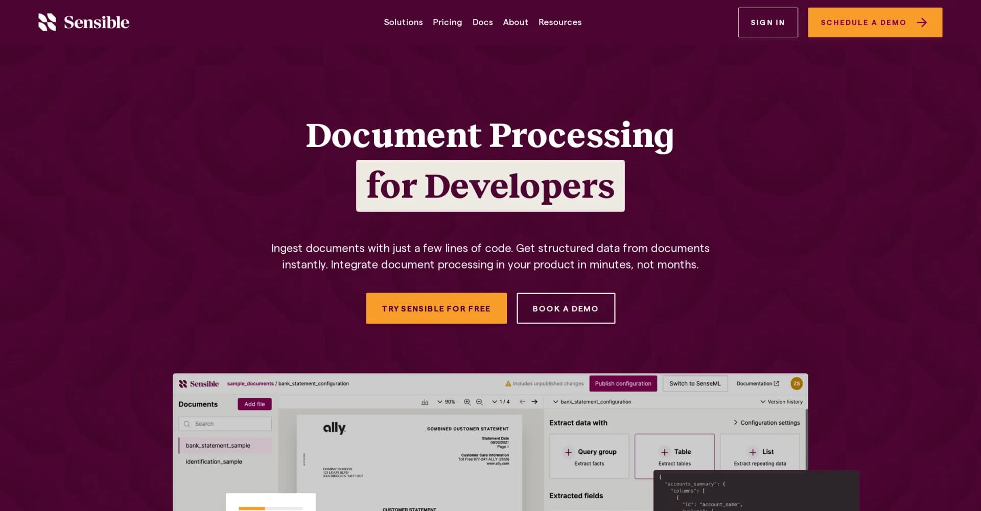 Sensible Instruct homepage screenshot — Extract any data from any document.