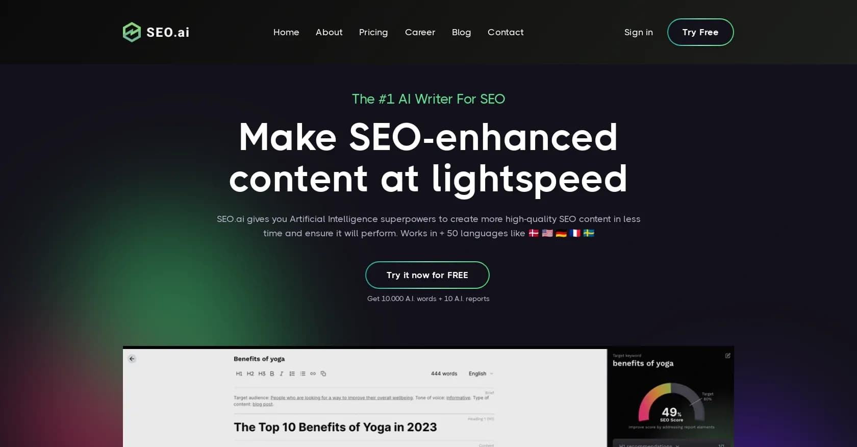 SEO.ai homepage screenshot — AI-powered SEO content creation at lightspeed