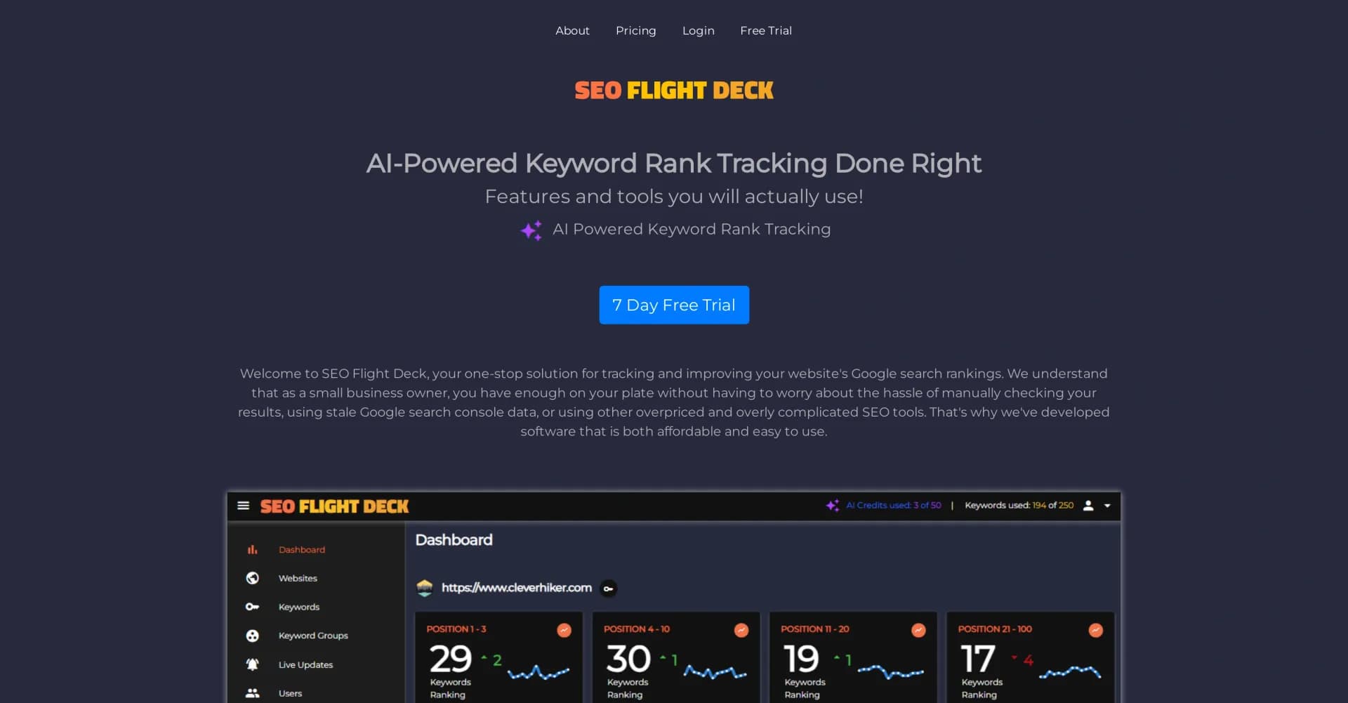 SEO Flight Deck homepage screenshot — AI-powered keyword rank tracking done right.