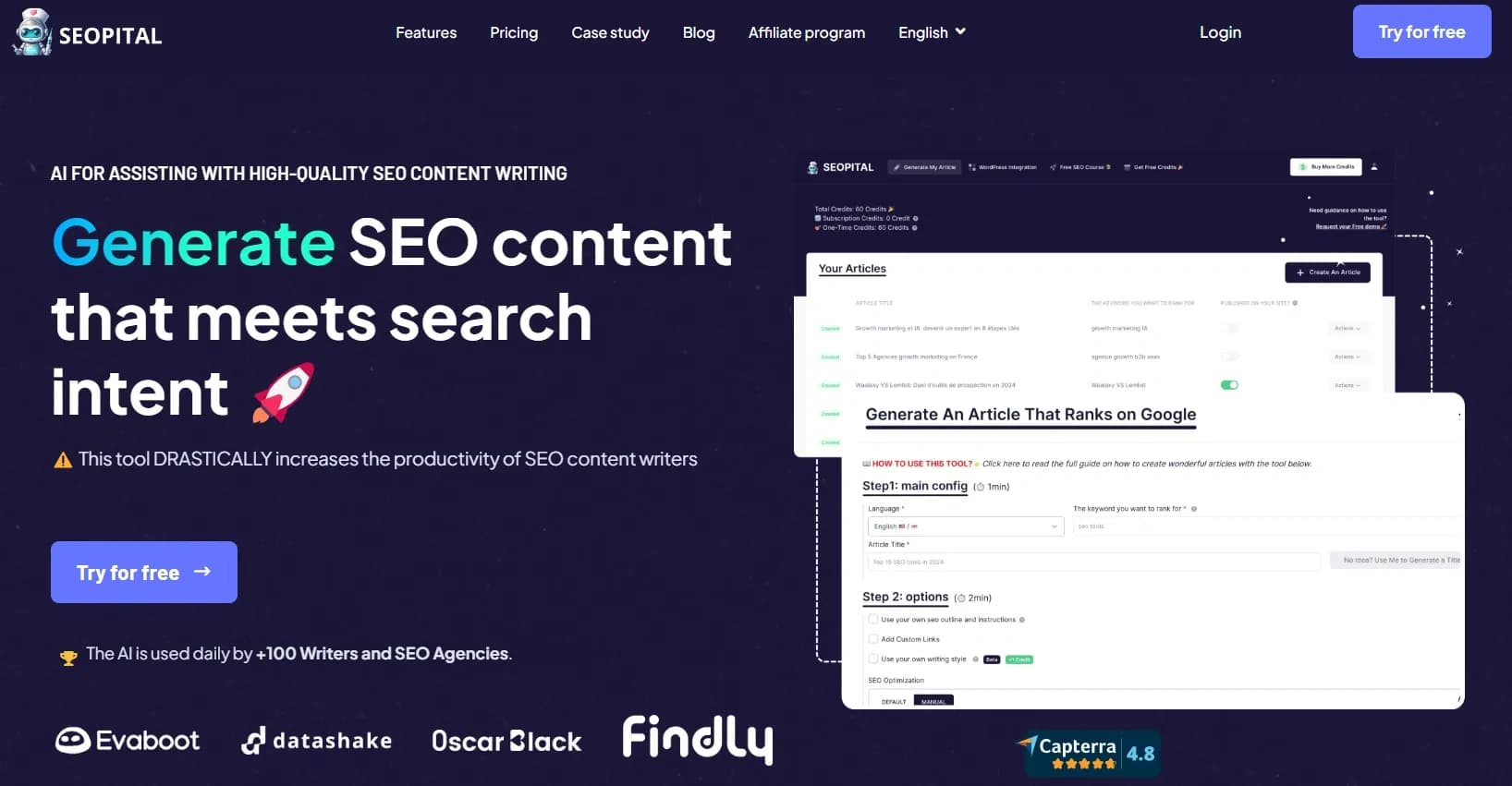 SEOpital homepage screenshot — Write SEO articles in 2 clicks that rank on search engines.