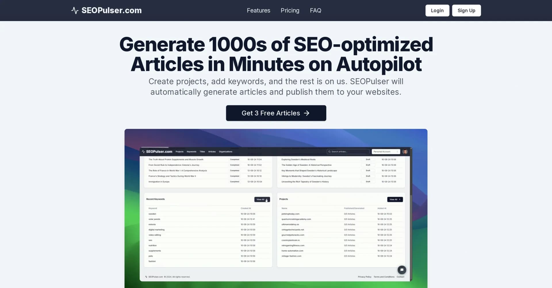 SEOPulser homepage screenshot — Generate SEO-optimized articles on autopilot